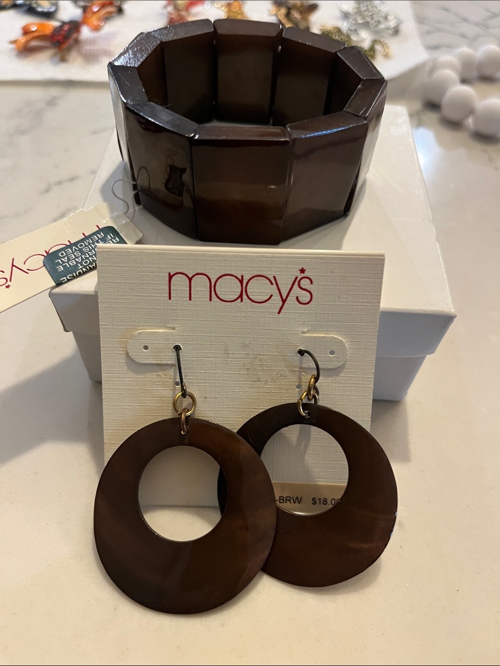 Macy's Dark Brown Resin stretchy Bracelet and Hoop Earring Set